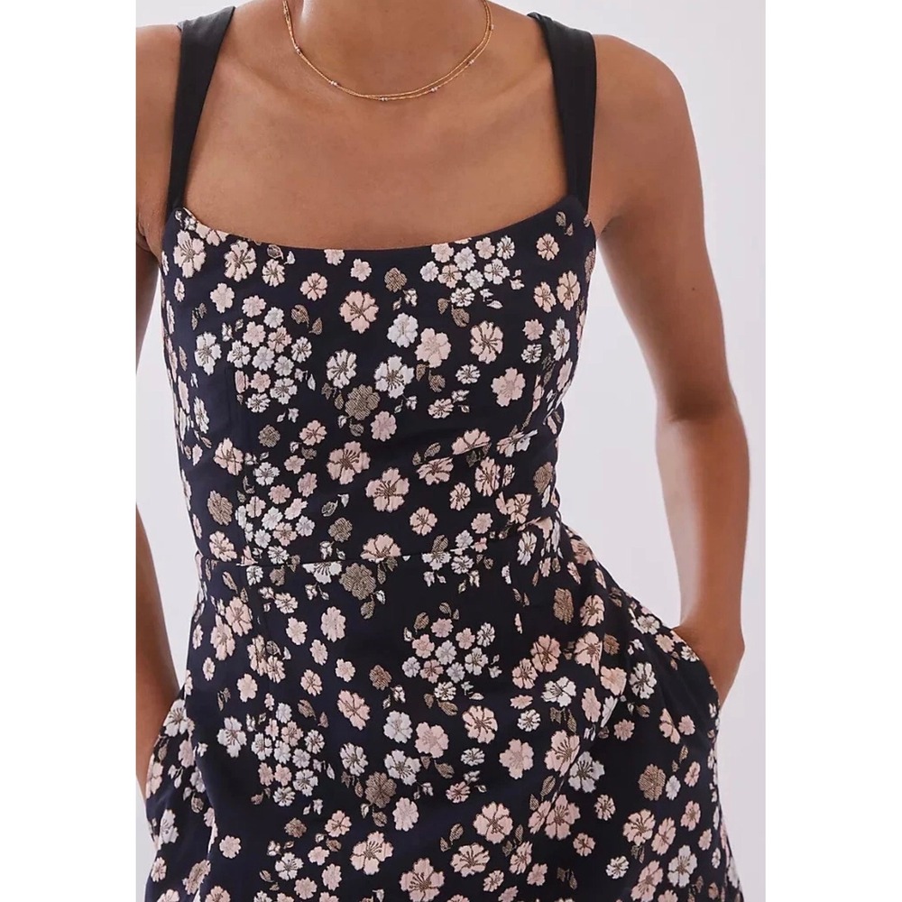 Maeve Anthropologie Floral Jacquard Mini Dress Navy Pink Gold Square Neck Size 6 - Picture 2 of 10
